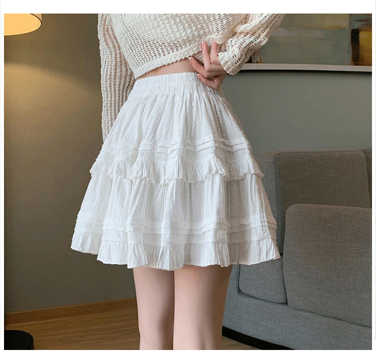 Women Lace Cake Skirt White Short Skirt Summer Polyester High Waist A-Line Mini Skirt