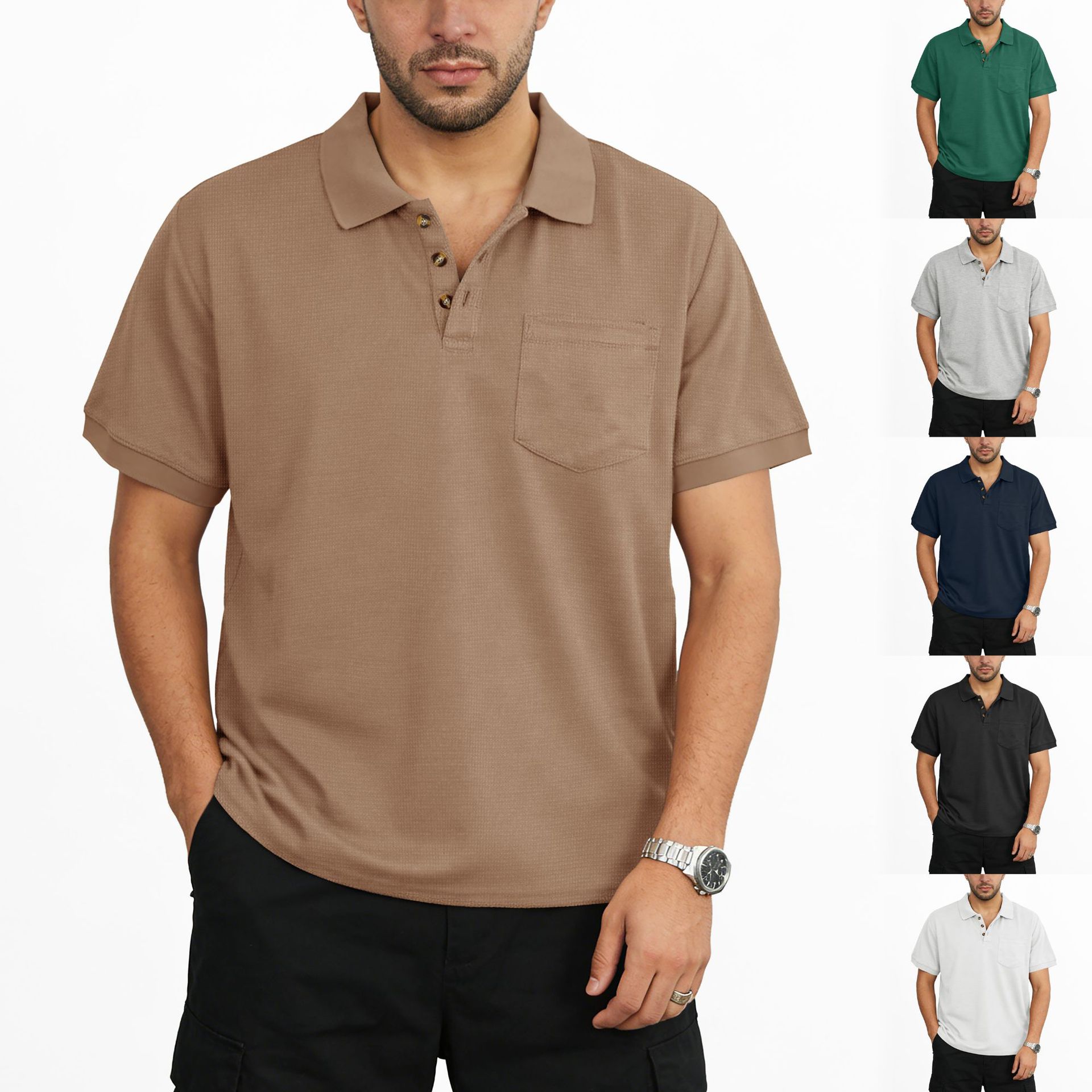 Áo sơ mi Polo họa tiết bánh quế của nam giới Áo sơ mi ngắn tay giản dị có túi