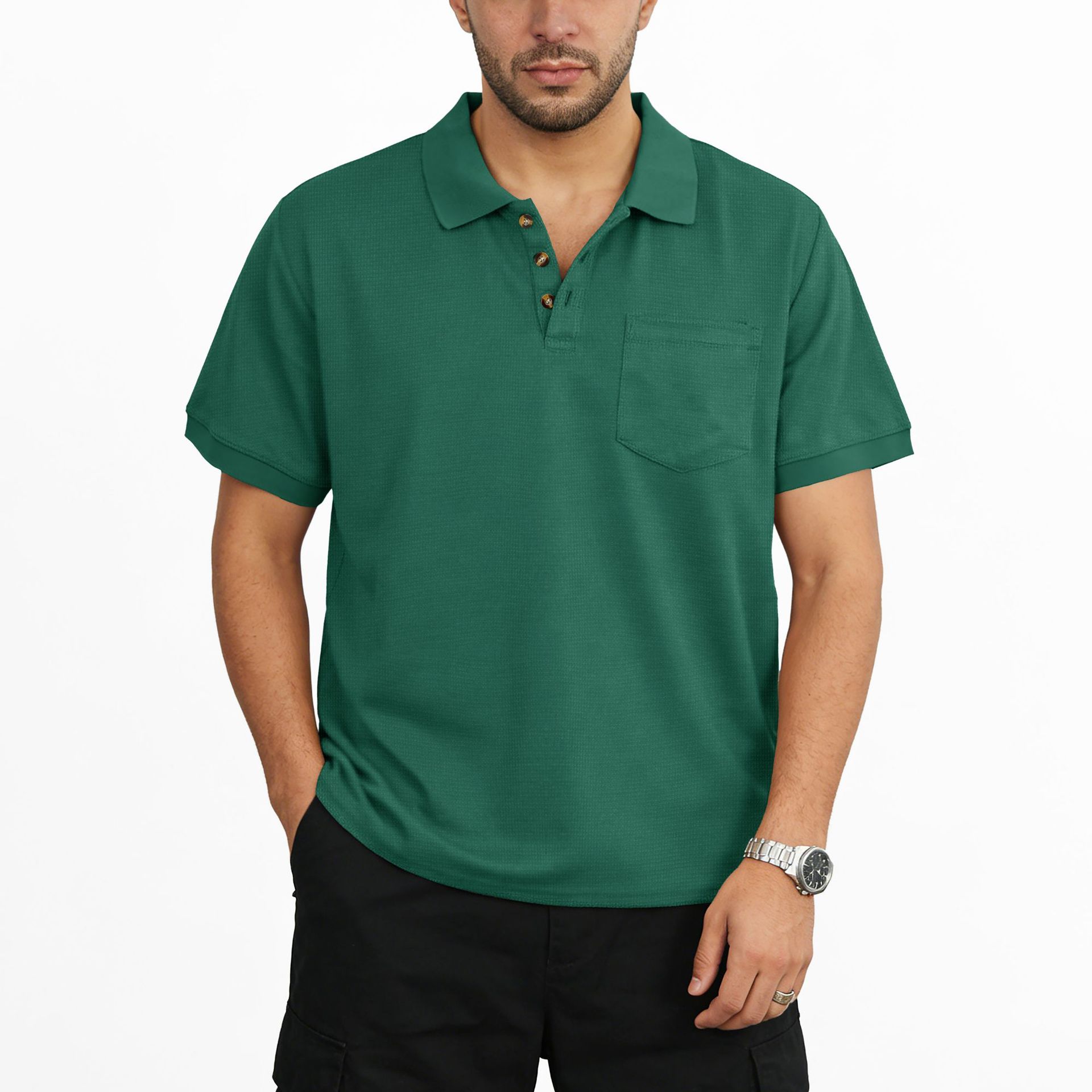 Áo sơ mi Polo họa tiết bánh quế của nam giới Áo sơ mi ngắn tay giản dị có túi