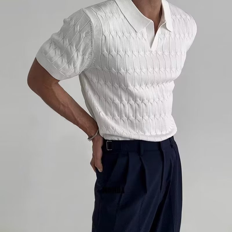 Men's Short Sleeve Polo Shirt Summer Casual Knit Top with Striped Pattern