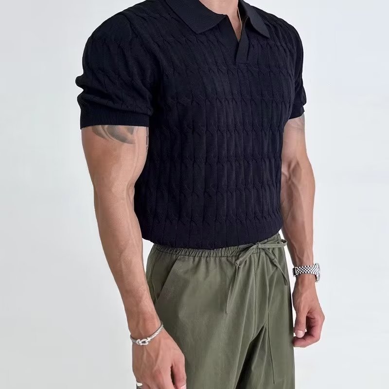 Men's Short Sleeve Polo Shirt Summer Casual Knit Top with Striped Pattern