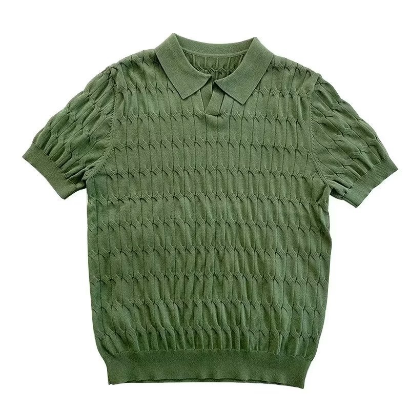 Men's Short Sleeve Polo Shirt Summer Casual Knit Top with Striped Pattern