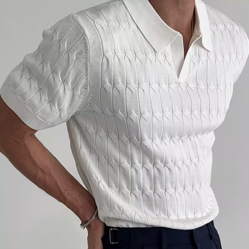 Men's Short Sleeve Polo Shirt Summer Casual Knit Top with Striped Pattern
