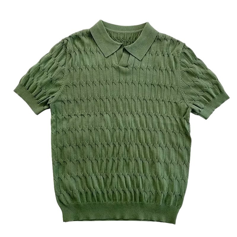Men's Short Sleeve Polo Shirt Summer Casual Knit Top with Striped Pattern