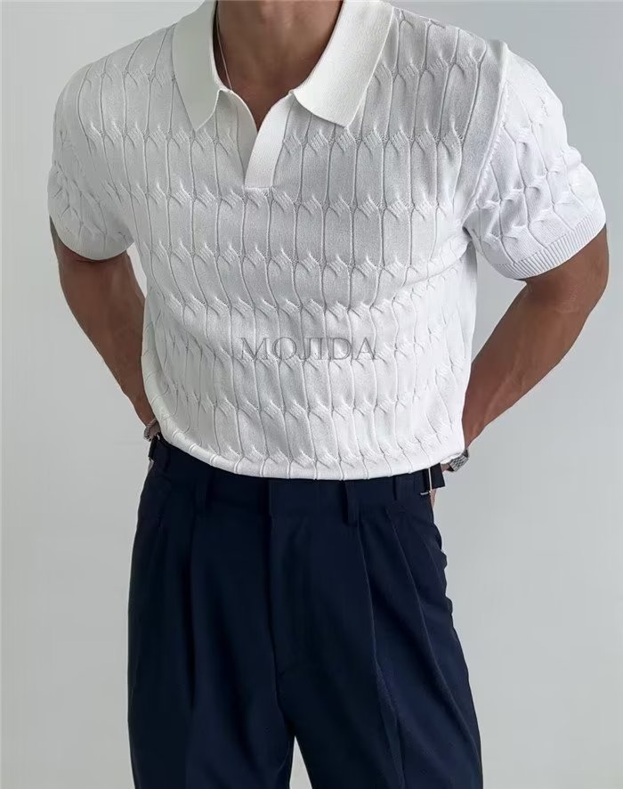 Men's Short Sleeve Polo Shirt Summer Casual Knit Top with Striped Pattern
