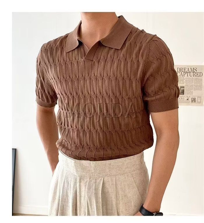 Men's Short Sleeve Polo Shirt Summer Casual Knit Top with Striped Pattern