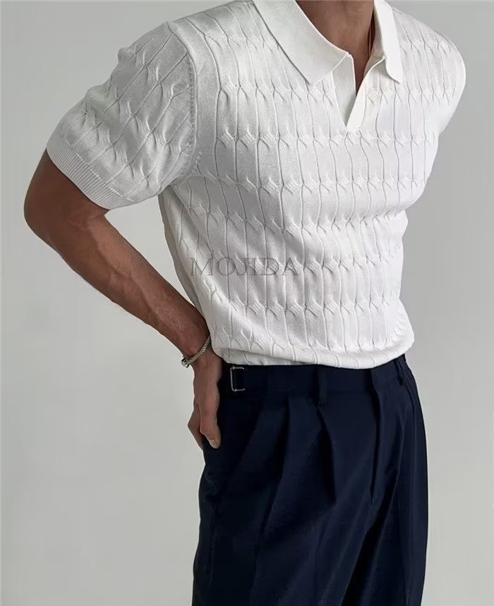 Men's Short Sleeve Polo Shirt Summer Casual Knit Top with Striped Pattern