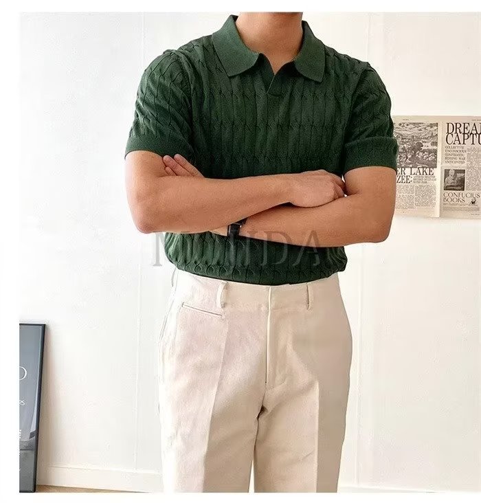 Men's Short Sleeve Polo Shirt Summer Casual Knit Top with Striped Pattern