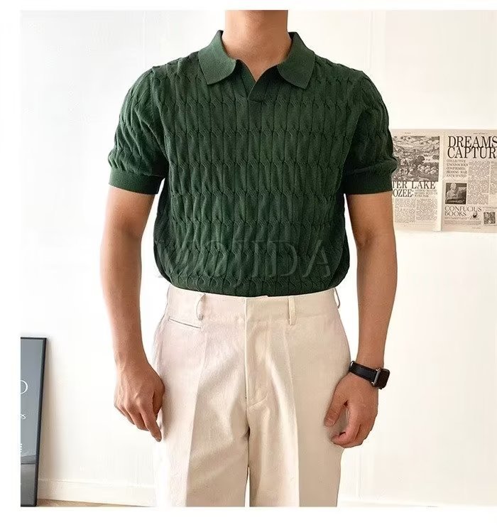 Men's Short Sleeve Polo Shirt Summer Casual Knit Top with Striped Pattern