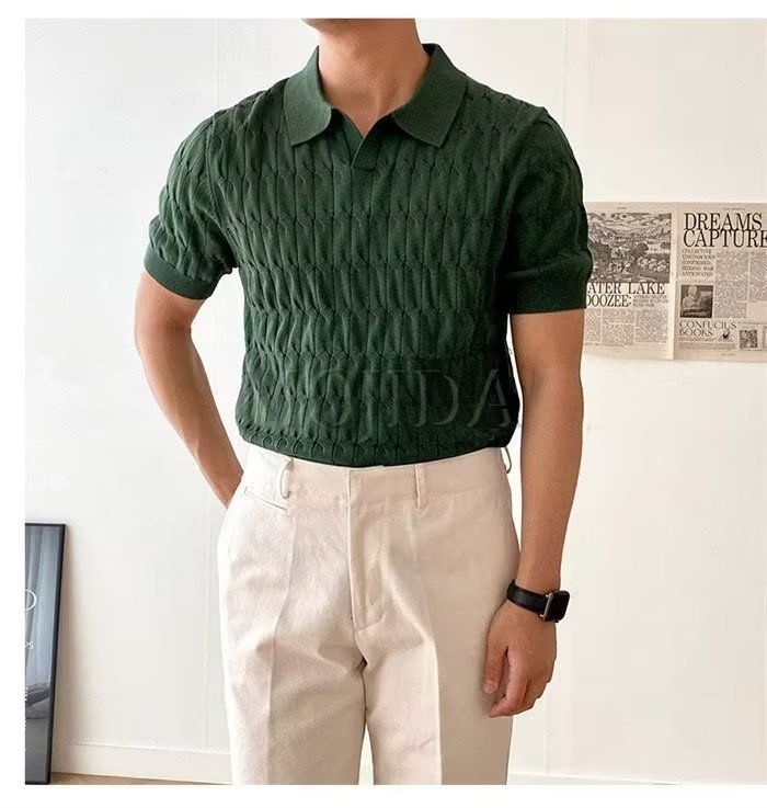 Men's Short Sleeve Polo Shirt Summer Casual Knit Top with Striped Pattern