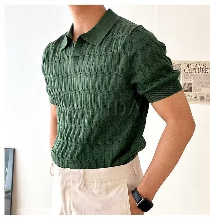 Men's Short Sleeve Polo Shirt Summer Casual Knit Top with Striped Pattern