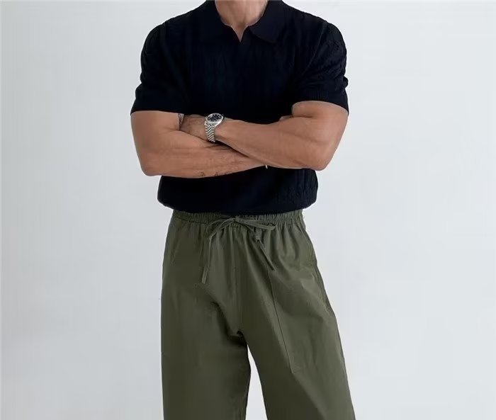 Men's Short Sleeve Polo Shirt Summer Casual Knit Top with Striped Pattern