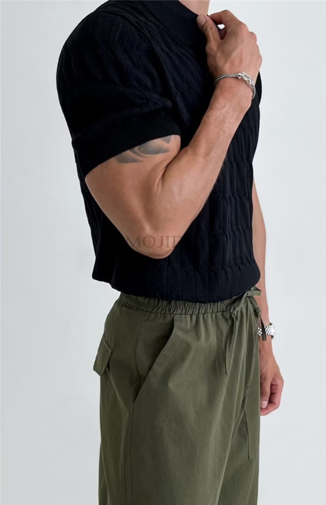 Men's Short Sleeve Polo Shirt Summer Casual Knit Top with Striped Pattern