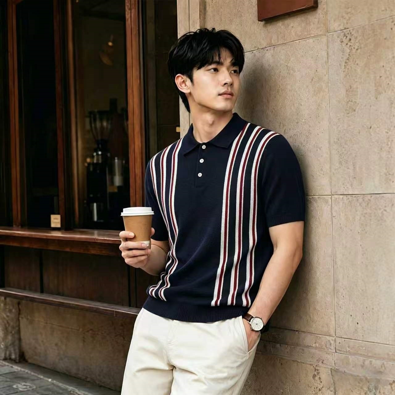 Men's Striped Knit Polo Shirt Short Sleeve Casual Button Down Summer Top