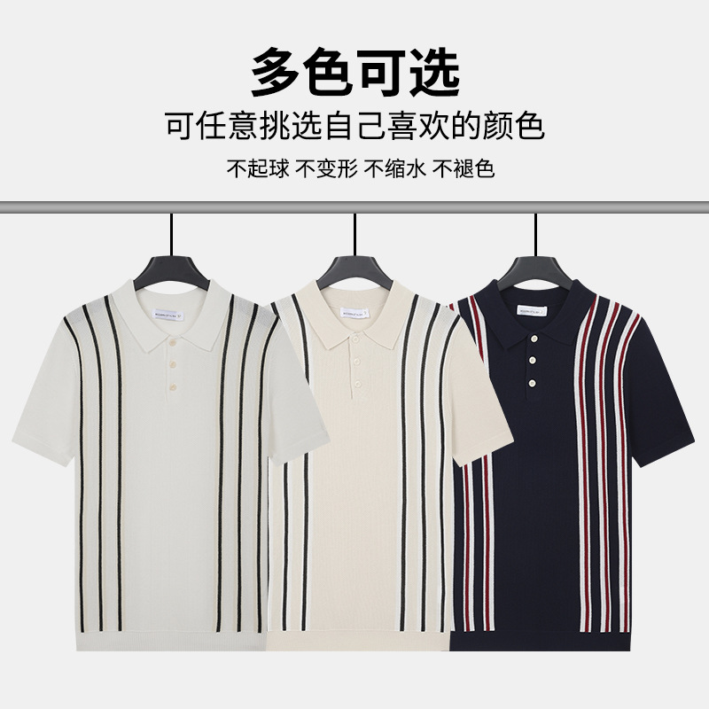 Men's Striped Knit Polo Shirt Short Sleeve Casual Button Down Summer Top