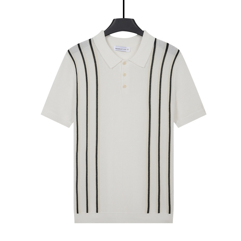 Men's Striped Knit Polo Shirt Short Sleeve Casual Button Down Summer Top