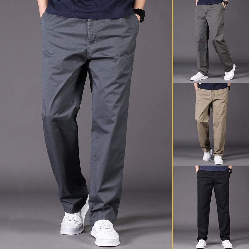 Men's Cotton Casual Straight Leg Pants, Loose Fit Cargo Trousers for Summer
