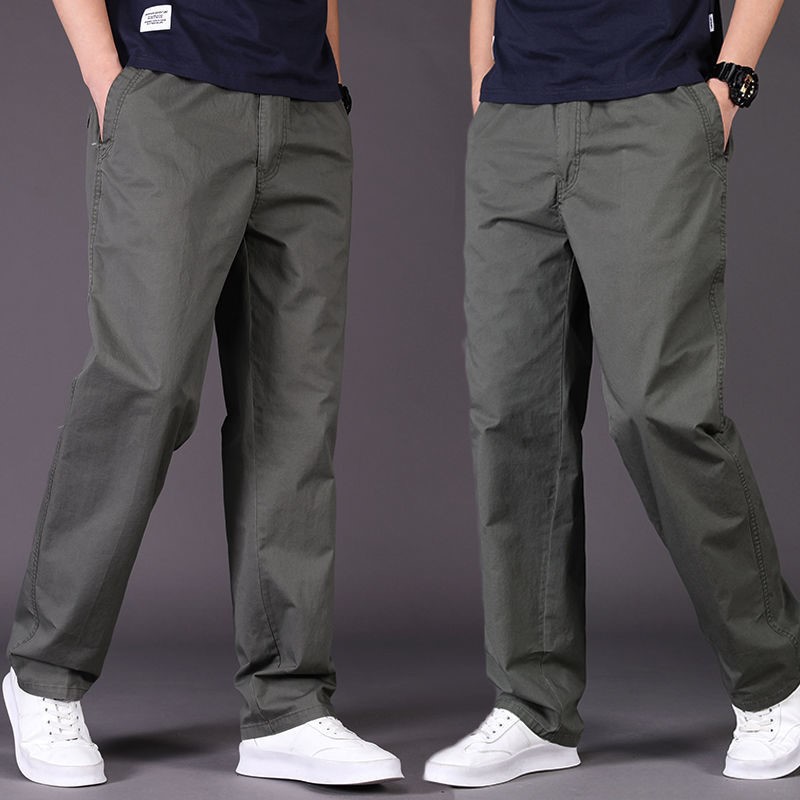 Men's Cotton Casual Straight Leg Pants, Loose Fit Cargo Trousers for Summer