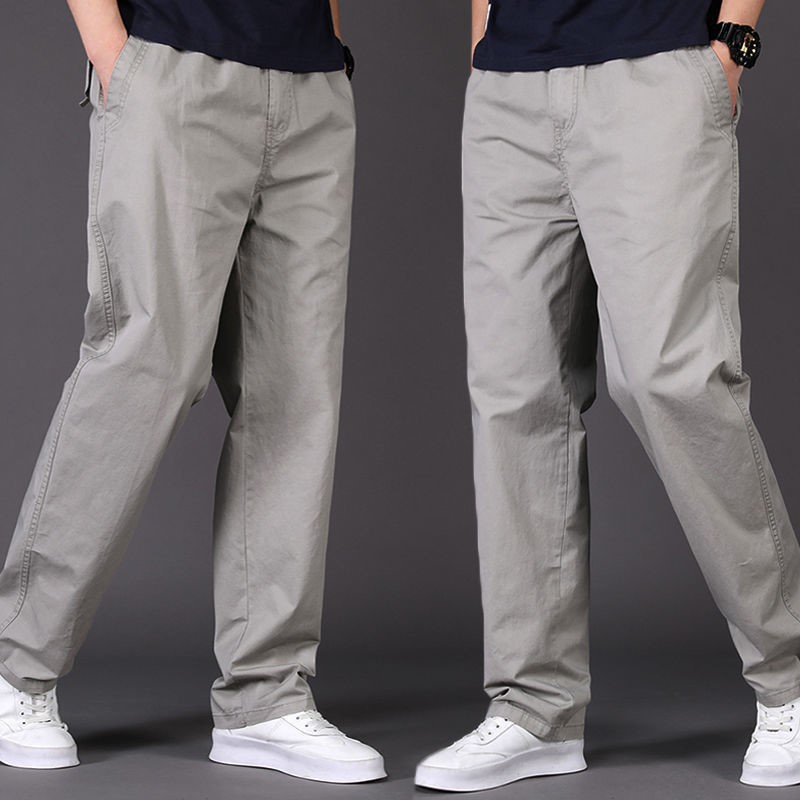 Men's Cotton Casual Straight Leg Pants, Loose Fit Cargo Trousers for Summer