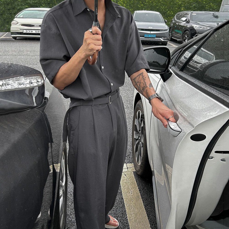 Men's Summer Casual Short Sleeve Shirt and Pants Set, Korean Style Loose Fit Suit