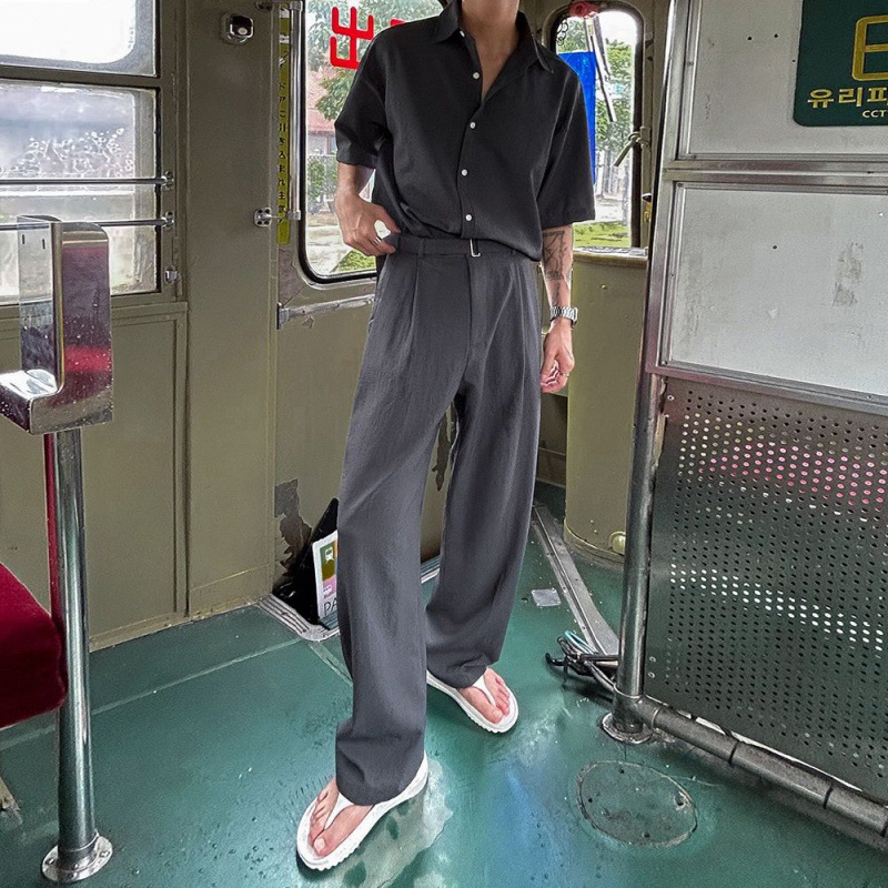 Men's Summer Casual Short Sleeve Shirt and Pants Set, Korean Style Loose Fit Suit