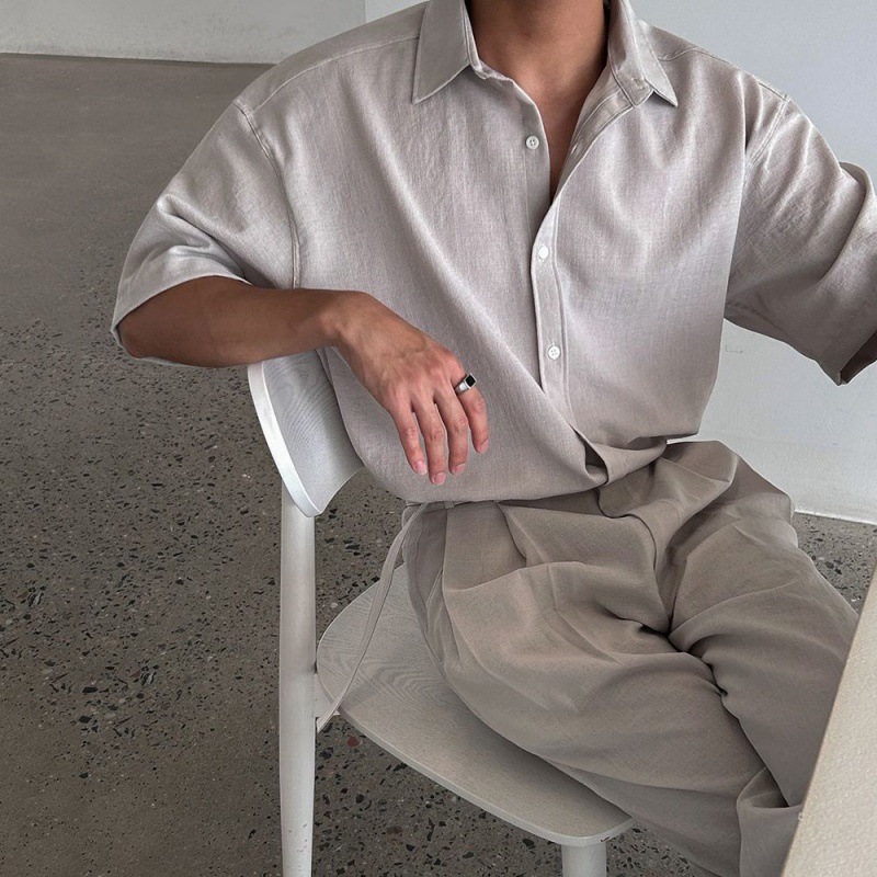 Men's Summer Casual Short Sleeve Shirt and Pants Set, Korean Style Loose Fit Suit