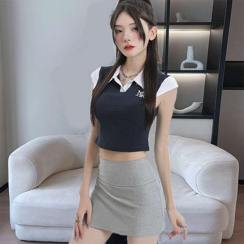 Women High Waist Bodycon Skirt Short Split Side Midi Skirt with Pockets