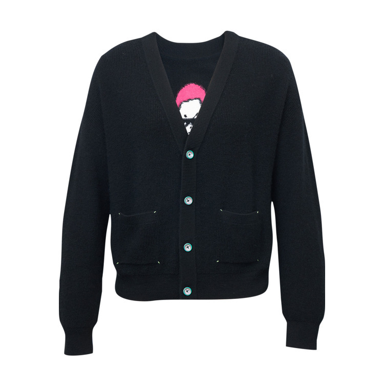 Women's V-Neck Embroidered Cardigan Sweater with Figure Print, Casual Knit Coat