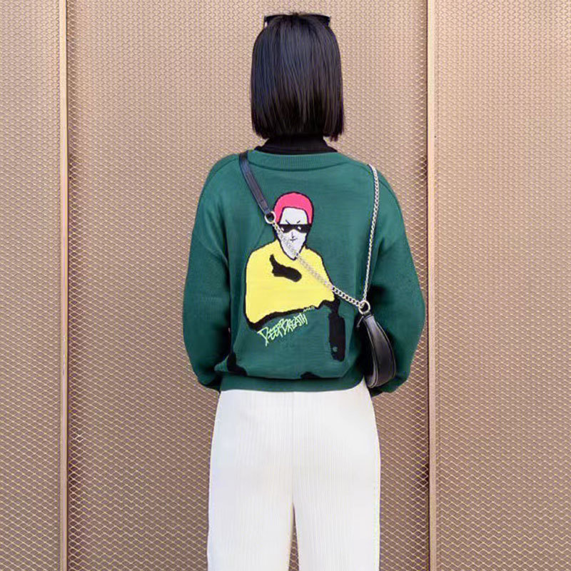 Women's V-Neck Embroidered Cardigan Sweater with Figure Print, Casual Knit Coat