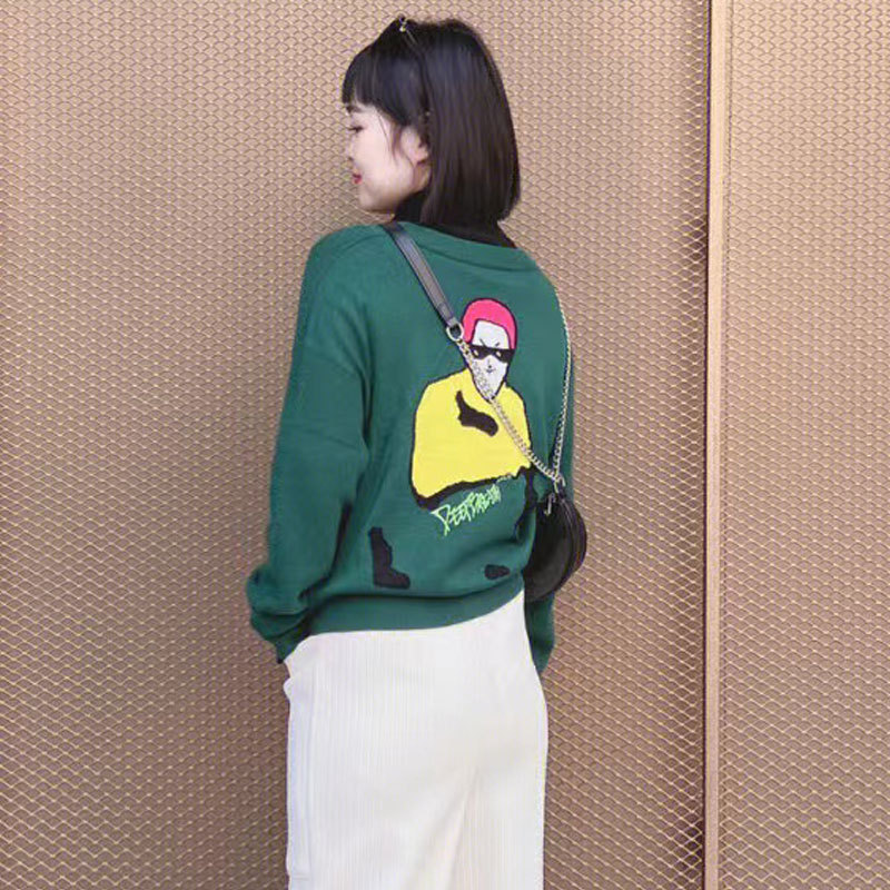 Women's V-Neck Embroidered Cardigan Sweater with Figure Print, Casual Knit Coat