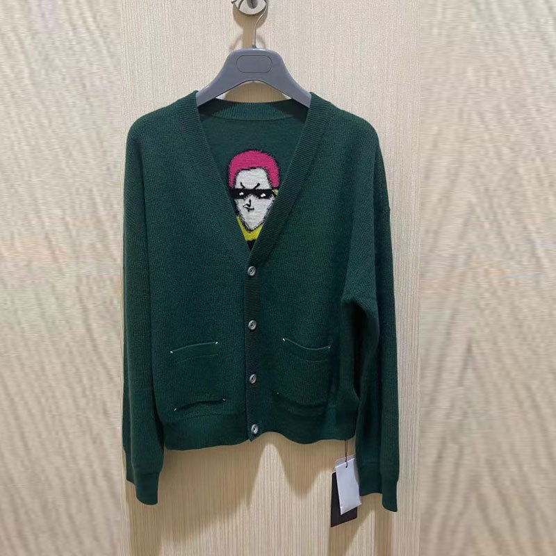 Women's V-Neck Embroidered Cardigan Sweater with Figure Print, Casual Knit Coat