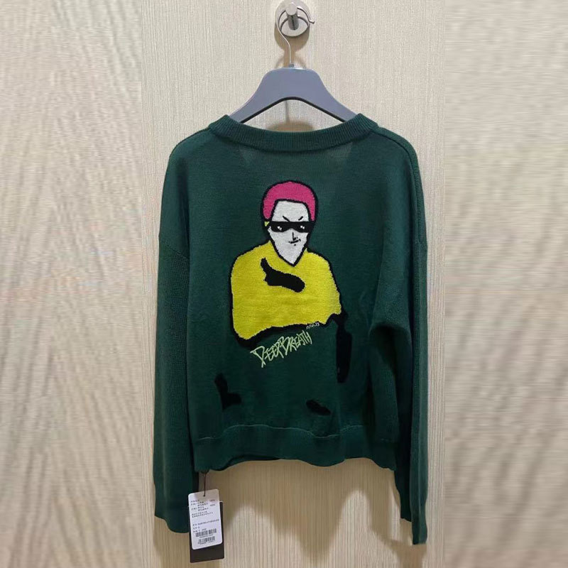 Women's V-Neck Embroidered Cardigan Sweater with Figure Print, Casual Knit Coat