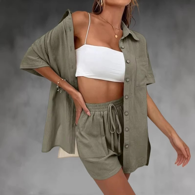 Women's Summer Casual Two-Piece Set Short Sleeve Shirt and Shorts Solid Color Outfit