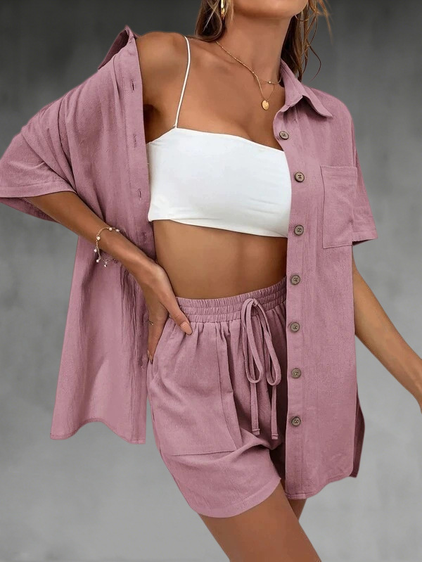Women's Summer Casual Two-Piece Set Short Sleeve Shirt and Shorts Solid Color Outfit