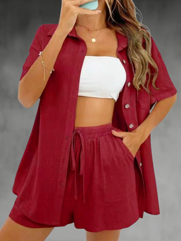 Women's Summer Casual Two-Piece Set Short Sleeve Shirt and Shorts Solid Color Outfit