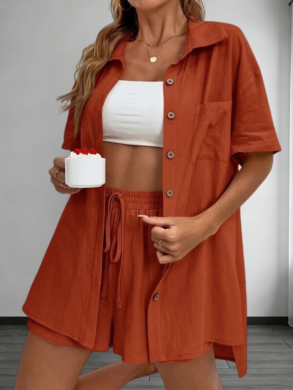 Women's Summer Casual Two-Piece Set Short Sleeve Shirt and Shorts Solid Color Outfit