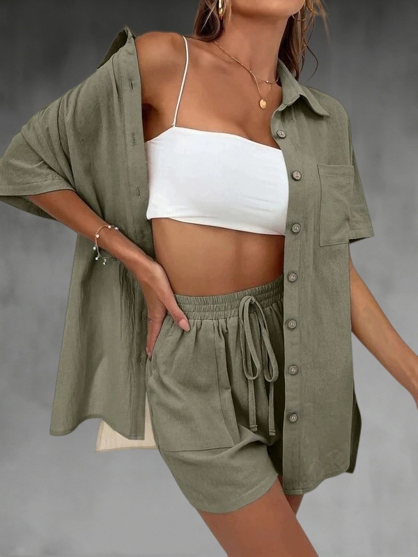 Women's Summer Casual Two-Piece Set Short Sleeve Shirt and Shorts Solid Color Outfit