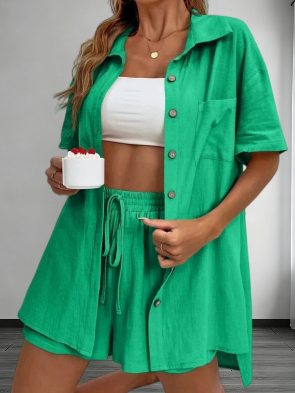 Women's Summer Casual Two-Piece Set Short Sleeve Shirt and Shorts Solid Color Outfit