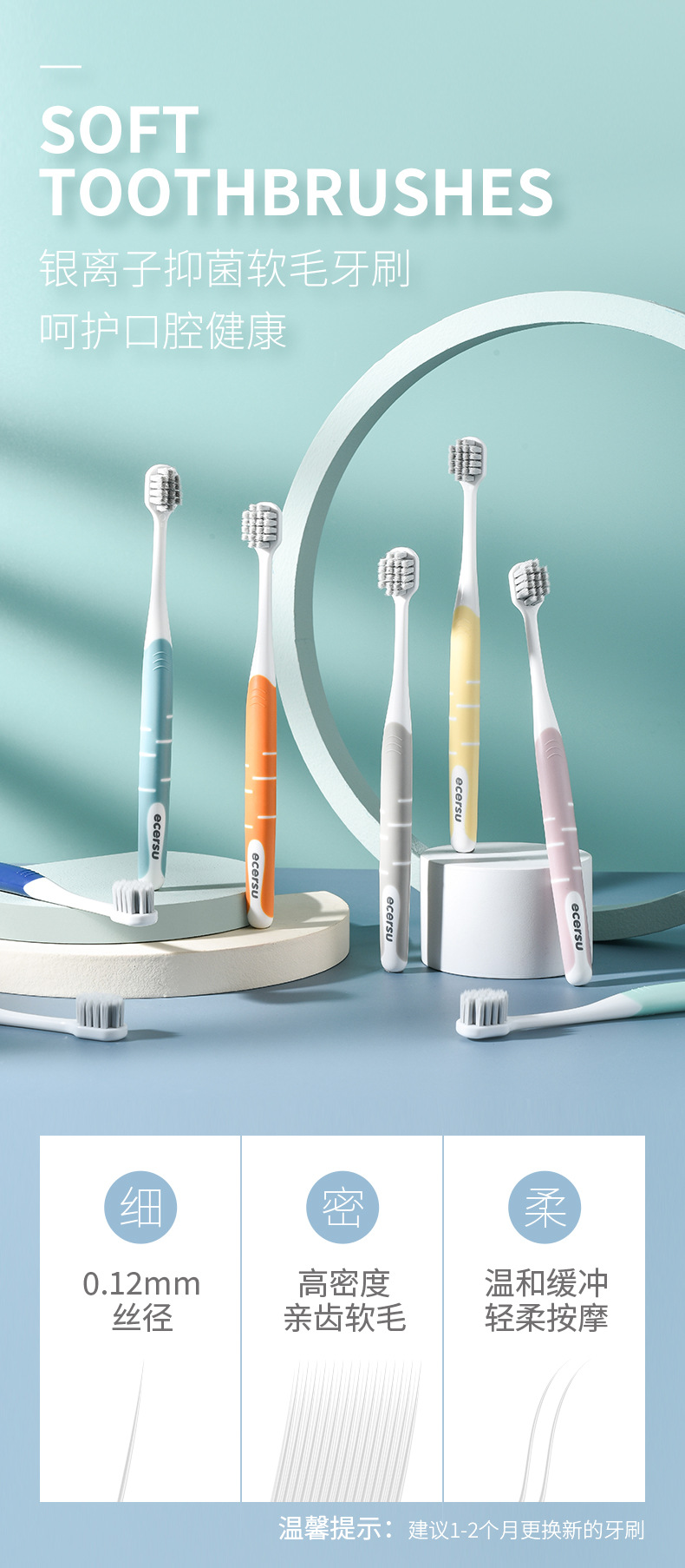Adult Soft Bristle Toothbrush with Silver Ion, 4 Pack, Manual Toothbrush for Home Use
