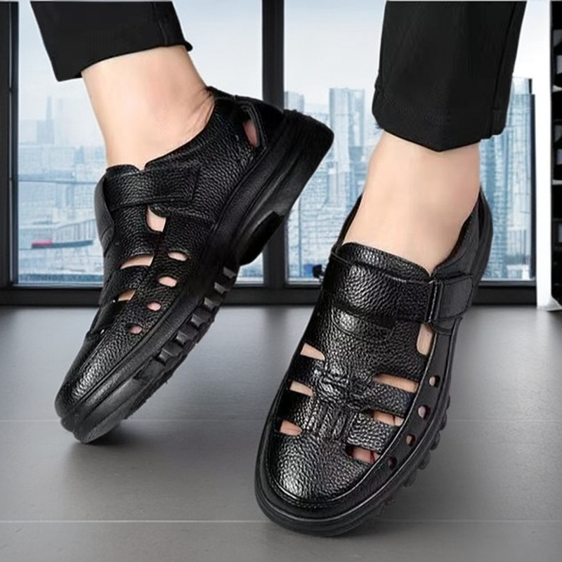 Men's Breathable PU Leather Sandals with Anti-Slip Rubber Sole, Casual Summer Shoes