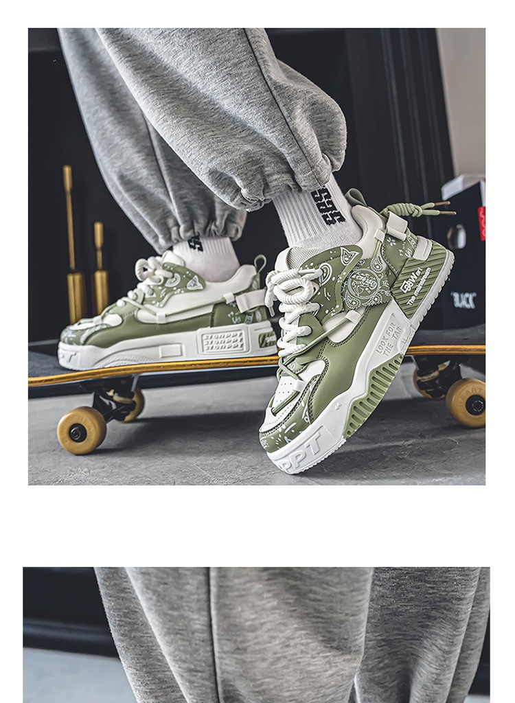 Men's Casual PU Leather Low-Top Skate Shoes, Thick Sole Breathable Sneakers for Youth