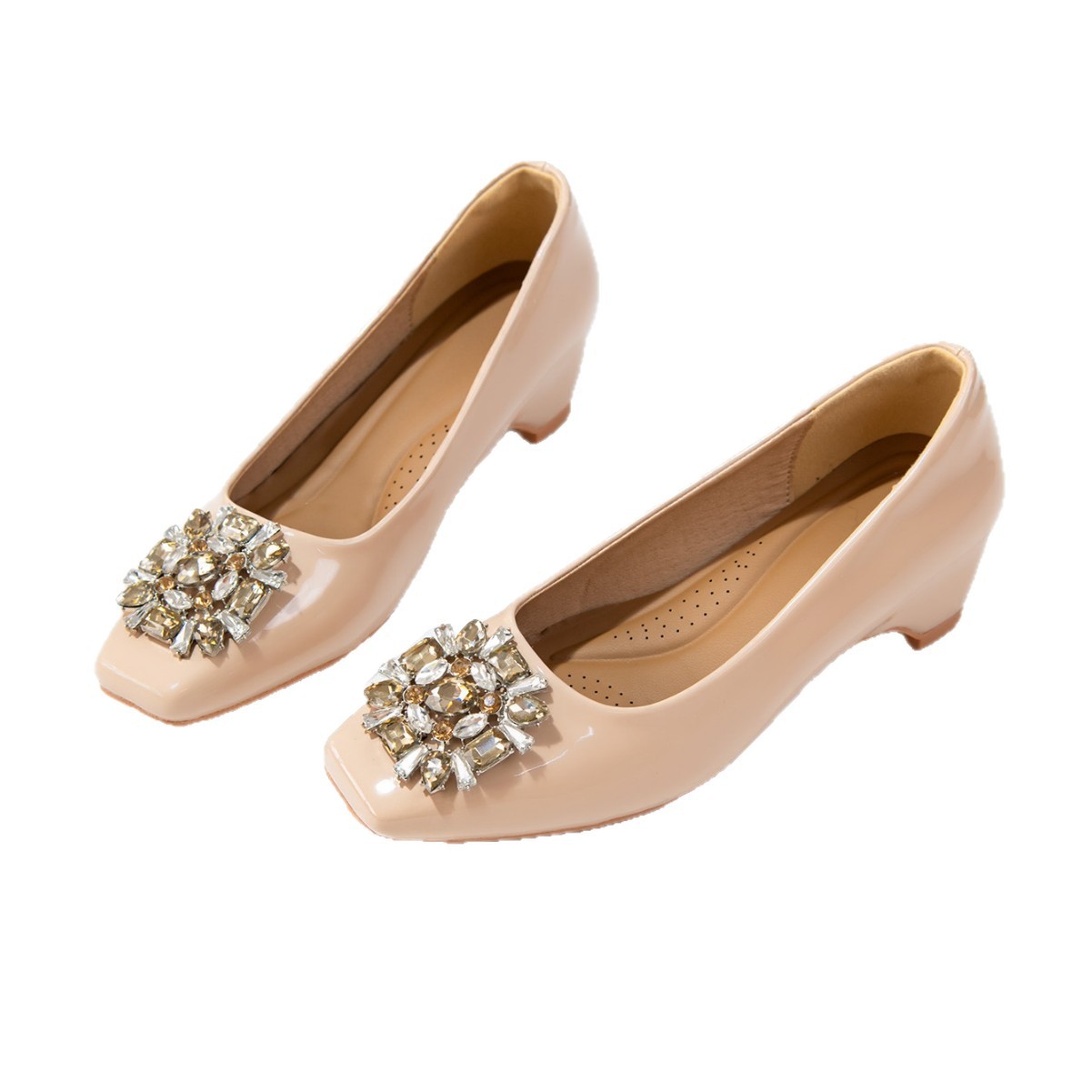 Women's French Square Toe Rhinestone Chunky Heel Pumps, Soft Sole PU Leather Dress Shoes