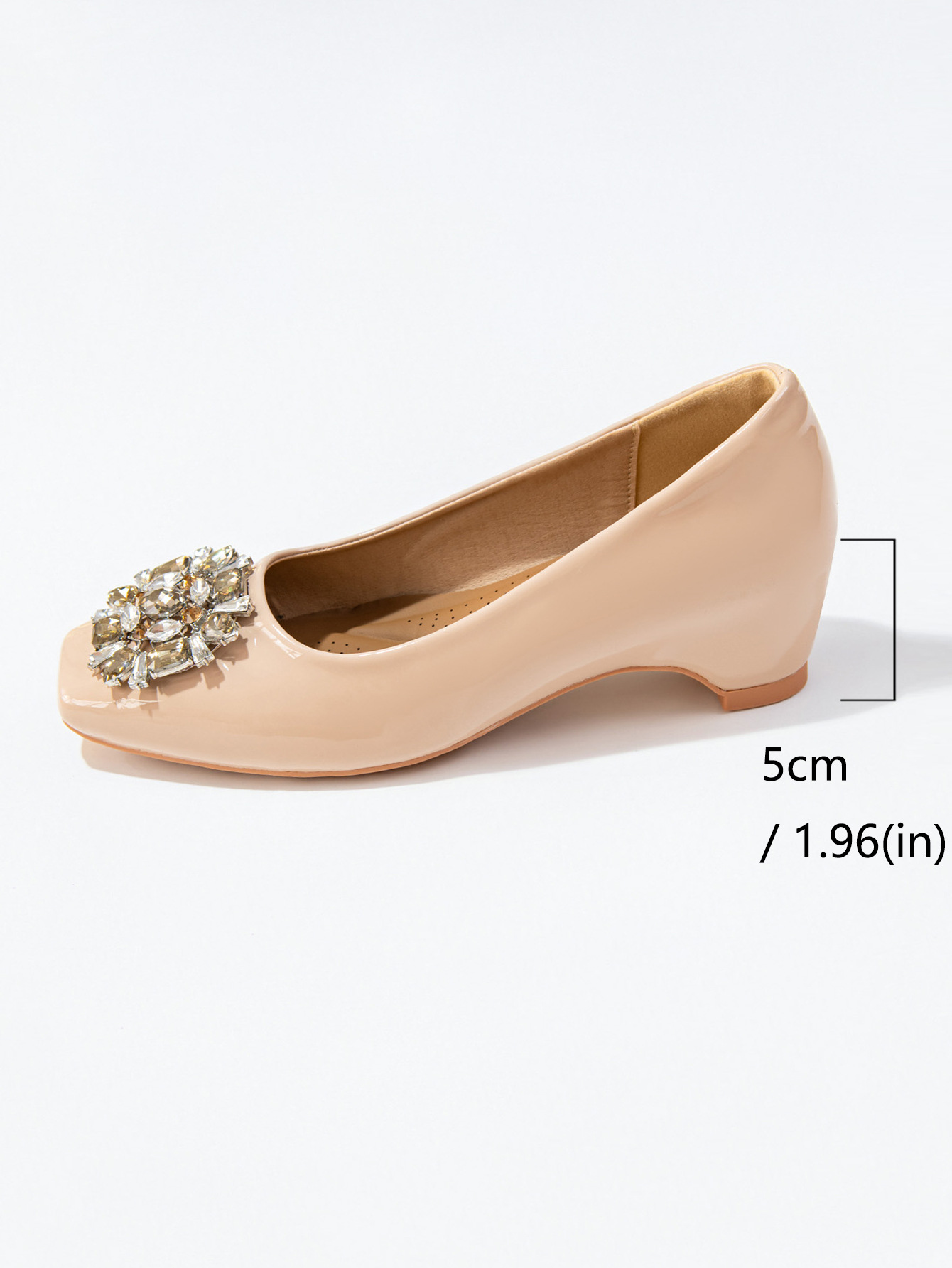 Women's French Square Toe Rhinestone Chunky Heel Pumps, Soft Sole PU Leather Dress Shoes