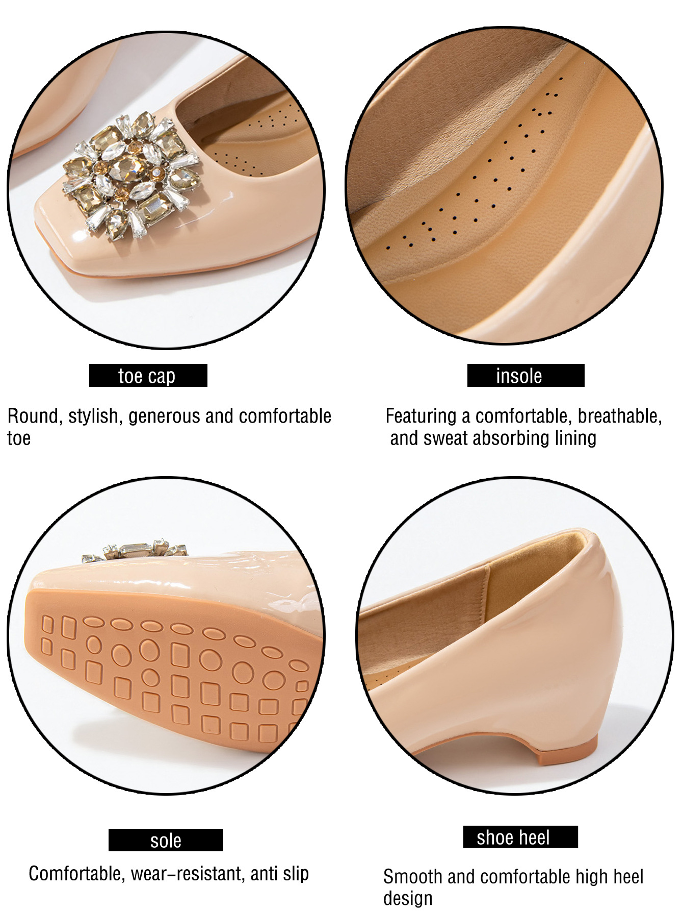Women's French Square Toe Rhinestone Chunky Heel Pumps, Soft Sole PU Leather Dress Shoes