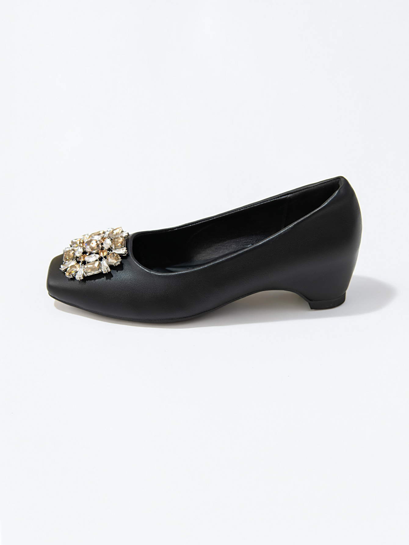 Women's French Square Toe Rhinestone Chunky Heel Pumps, Soft Sole PU Leather Dress Shoes