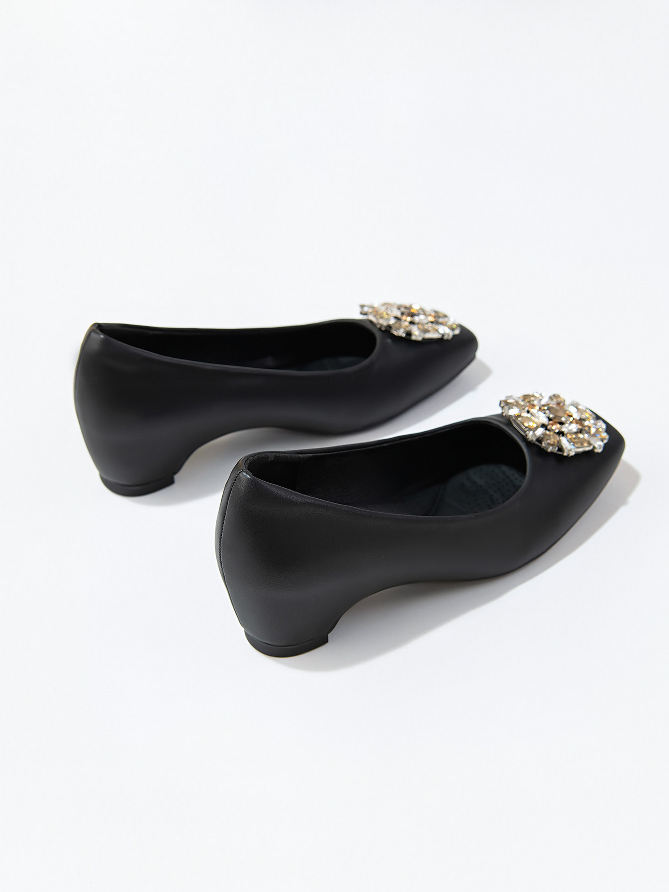 Women's French Square Toe Rhinestone Chunky Heel Pumps, Soft Sole PU Leather Dress Shoes