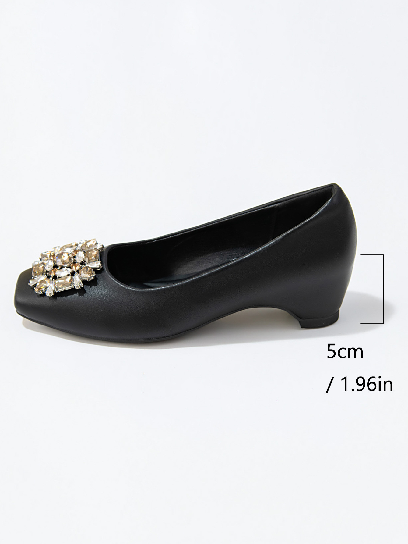 Women's French Square Toe Rhinestone Chunky Heel Pumps, Soft Sole PU Leather Dress Shoes