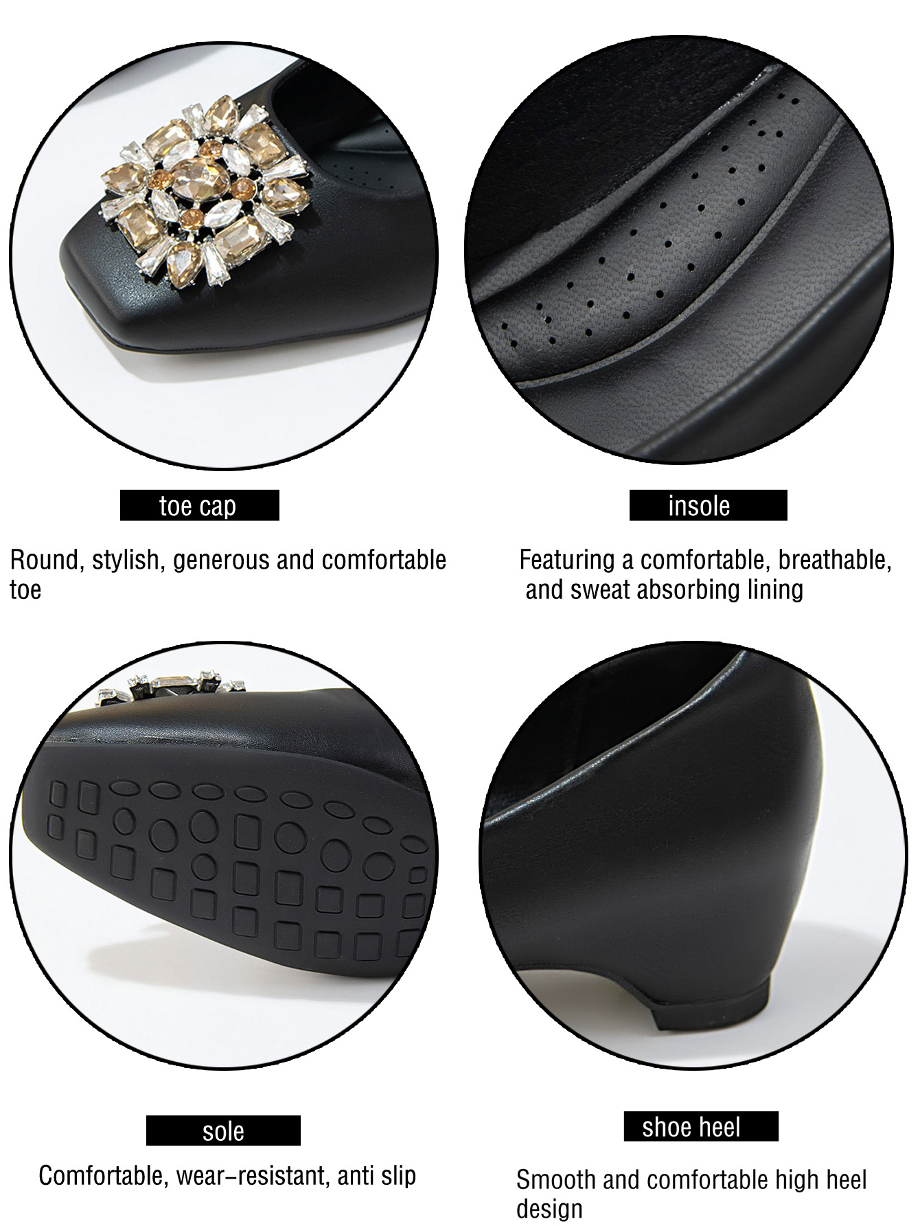 Women's French Square Toe Rhinestone Chunky Heel Pumps, Soft Sole PU Leather Dress Shoes