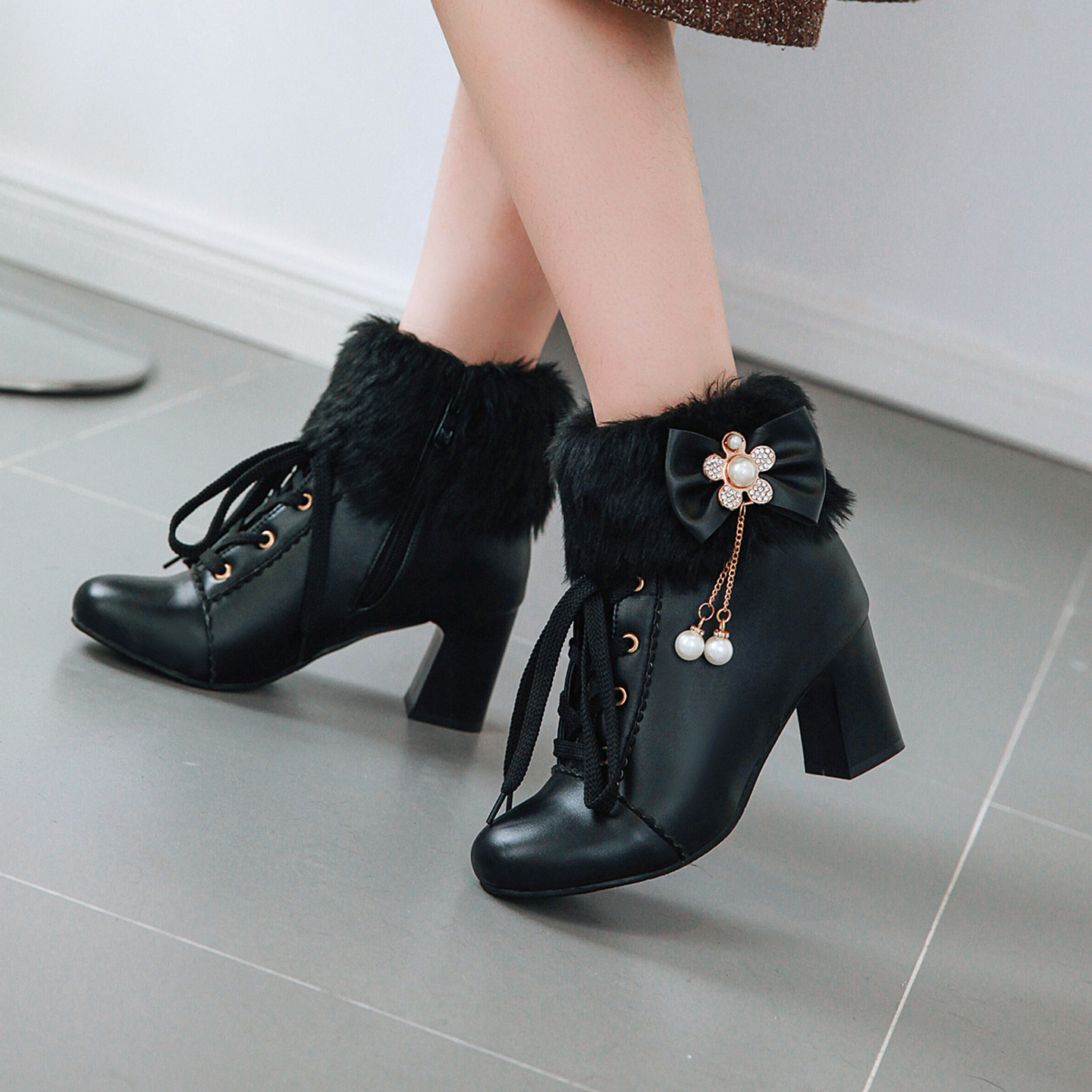 Women's Winter Faux Fur Ankle Boots with Bow, Chunky Heel Round Toe PU Booties