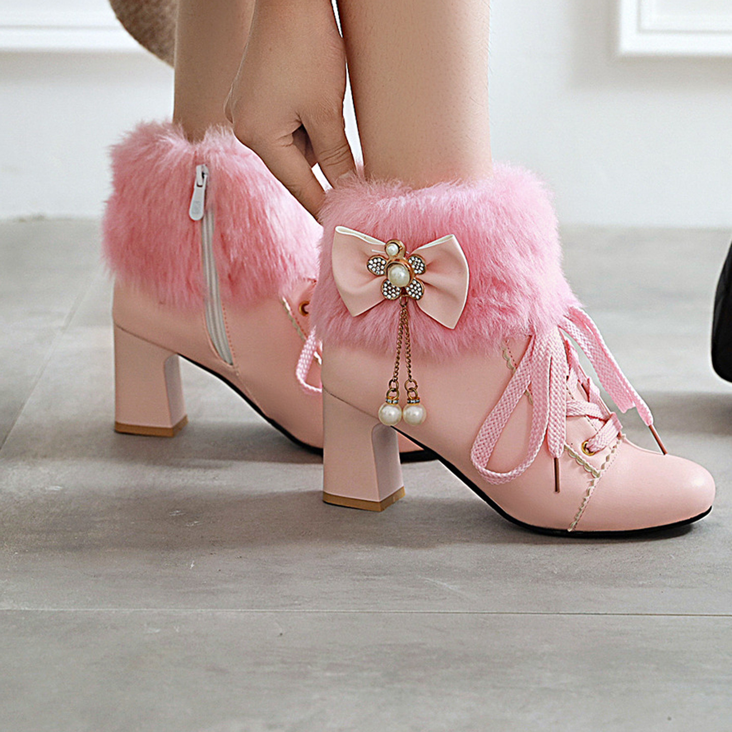 Women's Winter Faux Fur Ankle Boots with Bow, Chunky Heel Round Toe PU Booties
